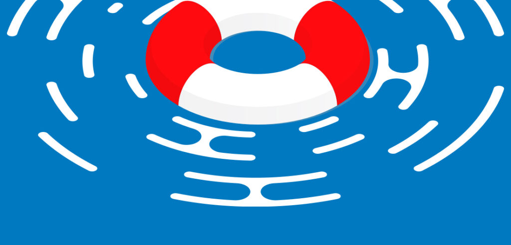 Drawing of red life preserver in blue water